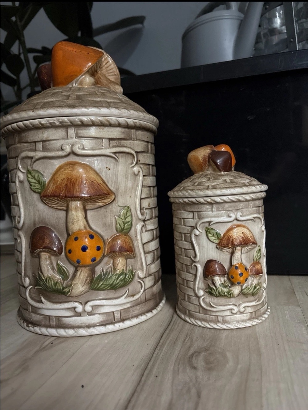 Himark Vintage Sears Mushroom Canisters Set of 2 1970s Kitchen Decor Retro Boho